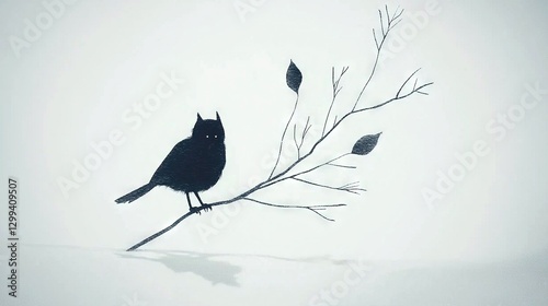   A black bird perched on a tree branch with a sprouting twig from its center