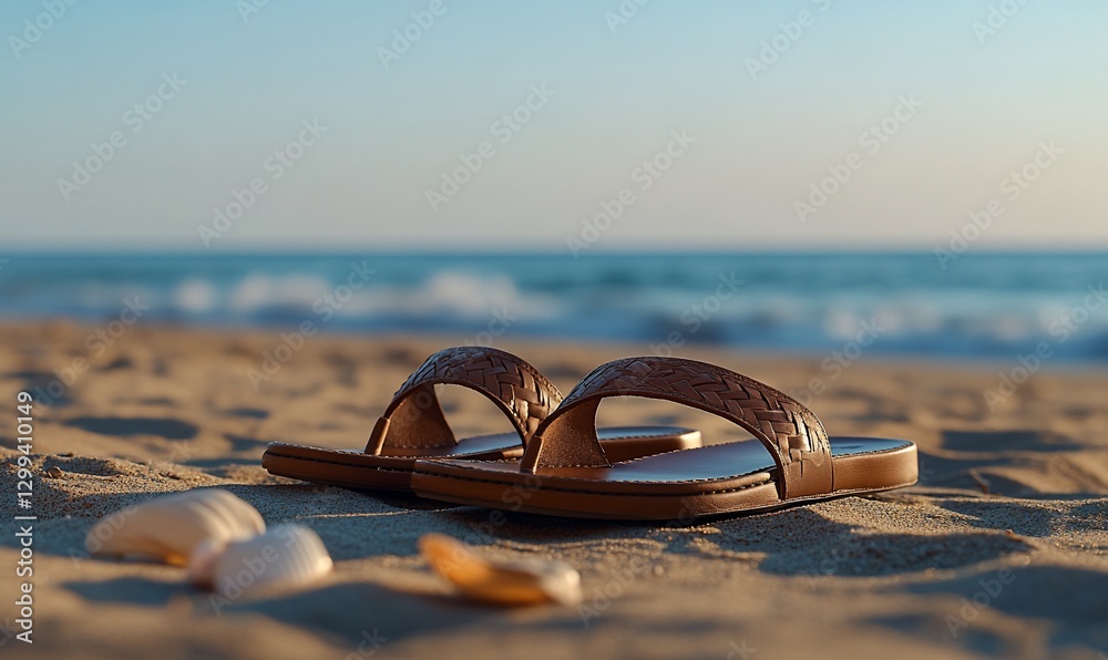 Elegant sandals rest peacefully on the sandy shore, evoking a sense of relaxation and escape near the ocean Elegant sandals rest peacefully on the sandy shore, evoking a sense of relaxation and escape near the ocean