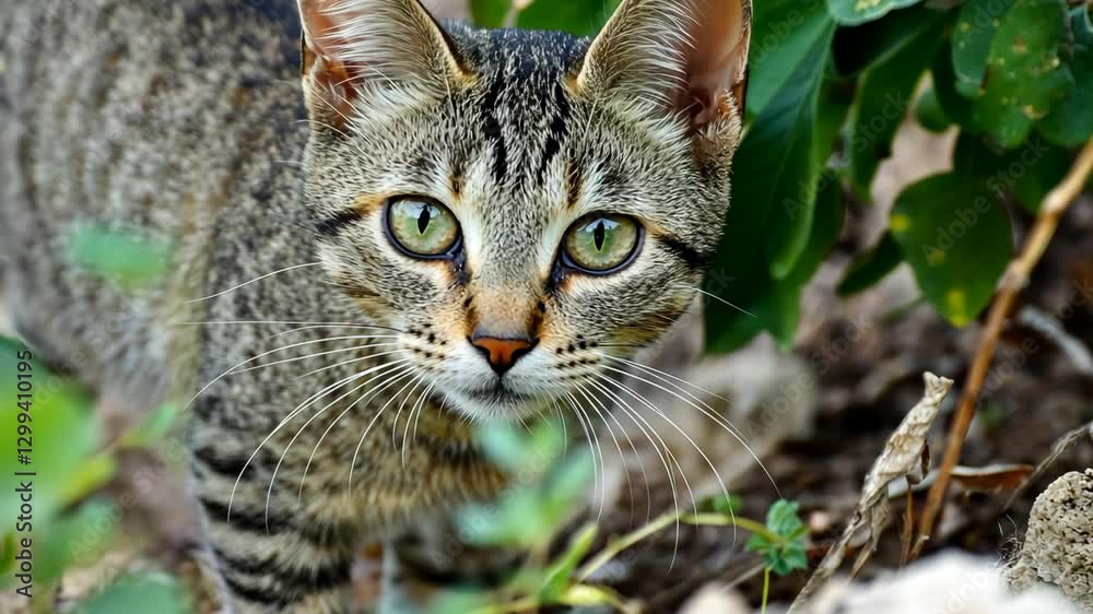 Curious cat exploring lush greenery in daylight among vibrant foliage Curious cat exploring lush greenery in daylight among vibrant foliage