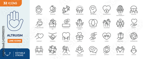 Altruism line editable icon set. Containing charity, help, empathy, goodwill, caring, generosity, kindness,  benevolence and more. Vector illustration