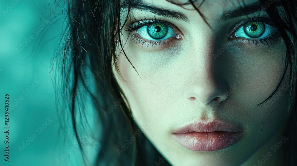 Fototapeta premium Close-up portrait of a woman with striking green eyes and wet hair.
