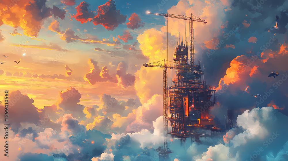 Fototapeta premium Construction project visionary. Dream - Clouds. Illustration