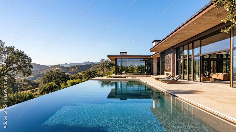 Fototapeta premium Modern house with infinity pool overlooking hills.