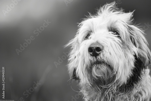 A black and white portrait of a shaggy Old English Sheepdog with a pensive expression, A shaggy old english sheepdog with a wise expression