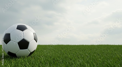 Football resting on lush green grass under a cloudy sky representing leisure and outdoor activity
