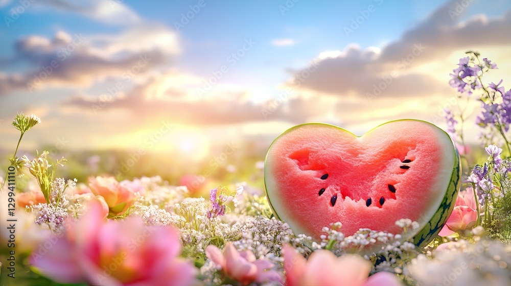 Fototapeta premium Sweet Watermelon Summer Heart Shaped Slice in Vibrant Flower Field at Sunset Idyllic Summertime Scene Peaceful Nature Photography Delightful Summer 