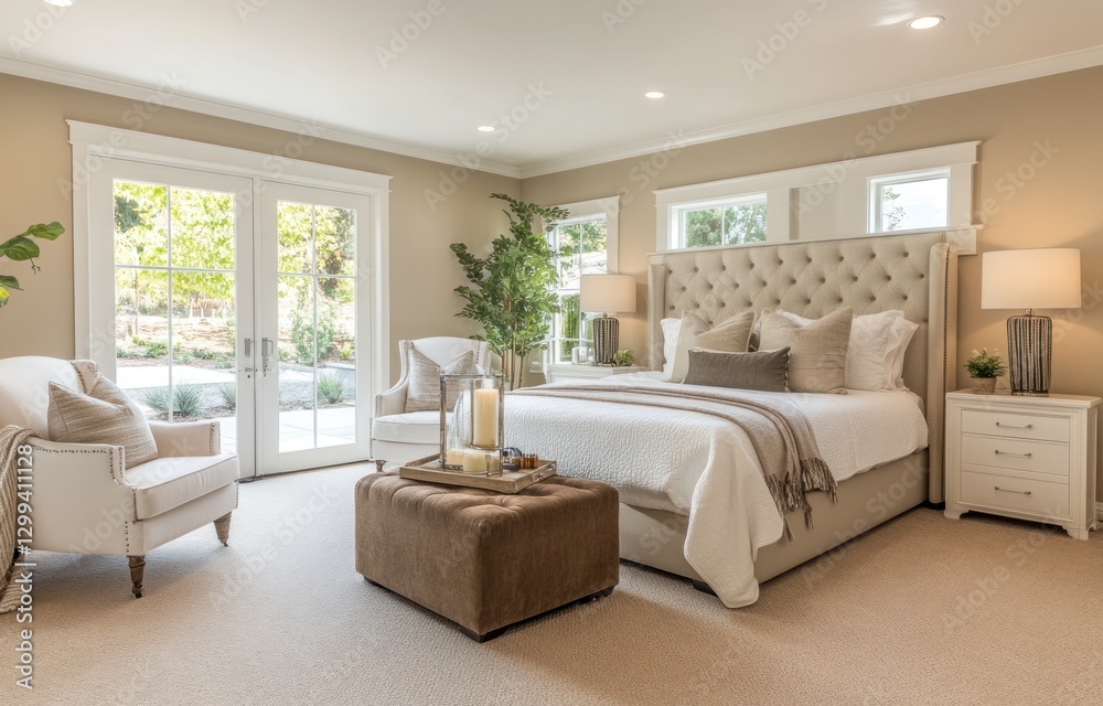 Fototapeta premium Modern bedroom with patio view. Possible use Interior design photography