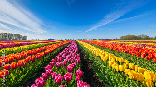 Wallpaper Mural A breathtaking landscape of tulips in bloom, with a rainbow of colors stretching across the fields under the clear blue sky. Torontodigital.ca