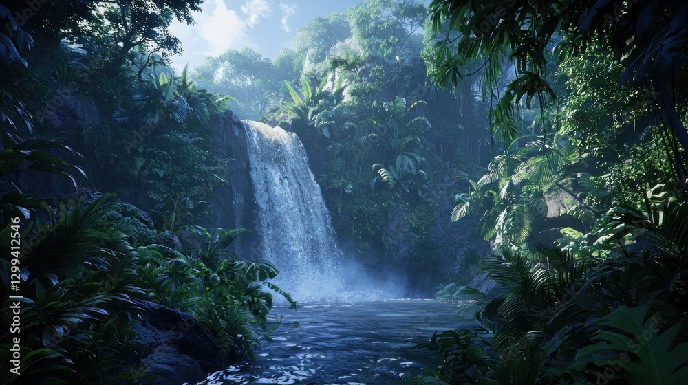 Lush jungle waterfall cascading into a tranquil stream. Lush jungle waterfall cascading into a tranquil stream.