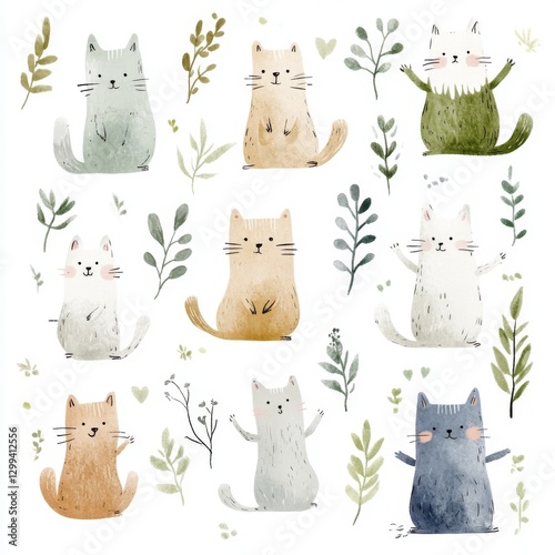 Charming collection of cute cat clipart featuring playful and serene felines in various poses surrounded by leafy designs