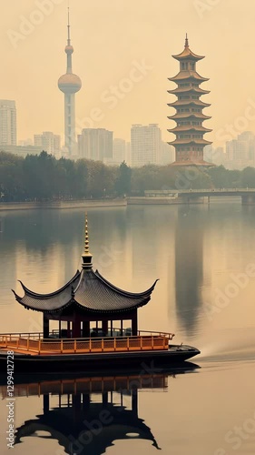 Beautiful traditional boat gliding on tranquil water with city skyline in dawn light in Shanghai