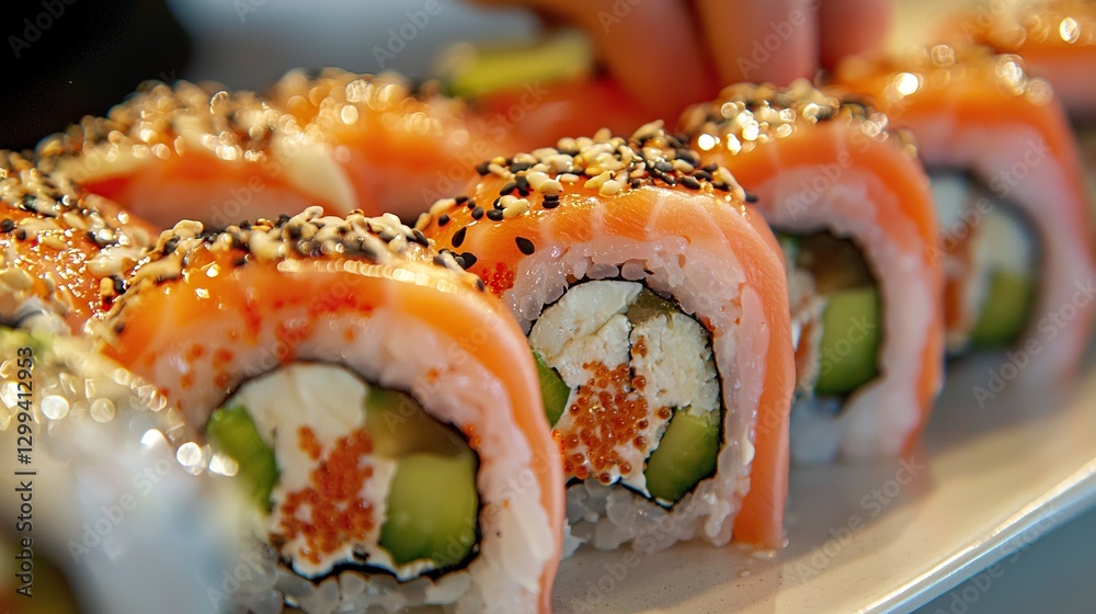 Fototapeta premium Expert sushi chef prepares delicious rolls in a busy restaurant kitchen