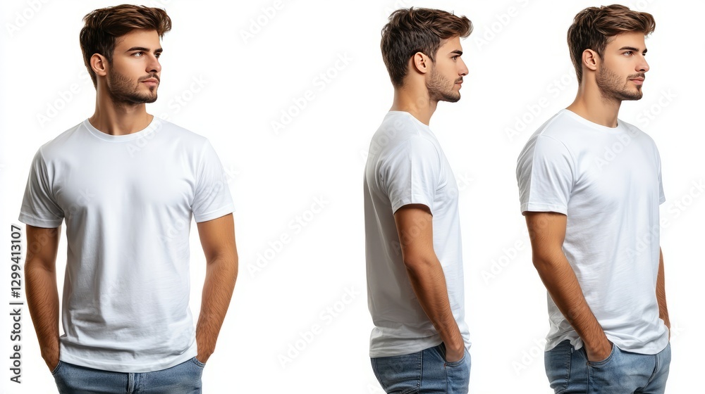 A mockup of a boy wearing a white t-shirt, standing in various poses, on a white background.
A mockup of a boy wearing a white t-shirt, standing in various poses, on a white background.