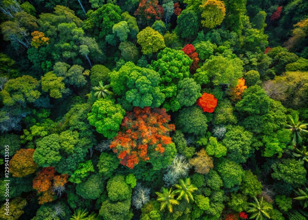 Naklejka premium Aerial Drone Shot: Lush Exotic Rainforest Canopy, Vivid Green and Red Leaves