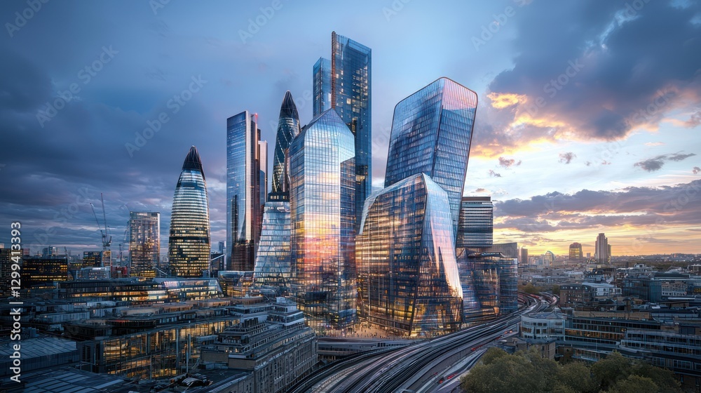 Fototapeta premium Stunning sunset cityscape with modern skyscrapers and train tracks.