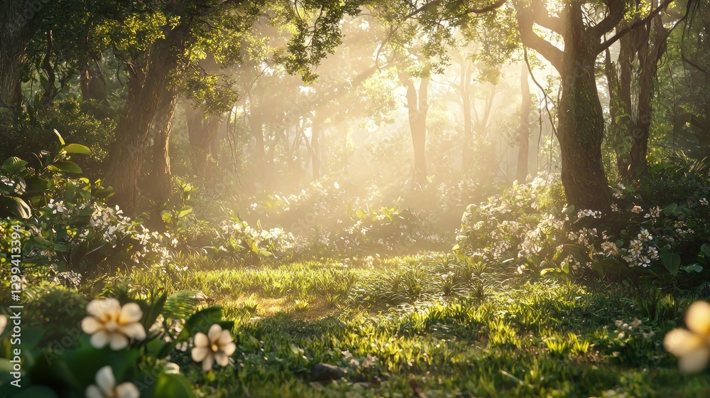Fototapeta premium Sunlit forest path with blooming flowers and fog.