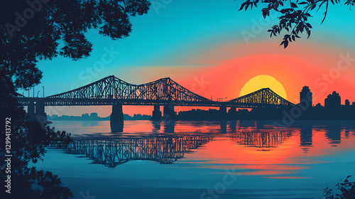 Historic howrah bridge in kolkata during sunset over blue sky. Reflection - Lake. Illustration photo