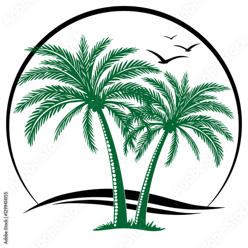 Palm tree and birds seagulls vector illustration. Black palm trees silhouette on white background. Coconut palm tree icon or logo. Simple art for tourism. Flat design for promotional Items.