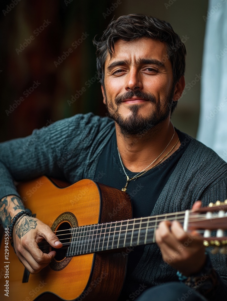Obraz premium Young man playing acoustic guitar indoors while smiling warmly at the camera