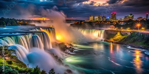 Aerial Night View of Niagara Falls, Dramatic Illumination, Powerful Waterfalls