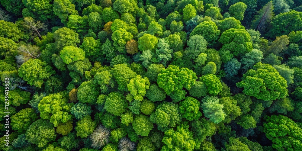 Aerial Panoramic View of Lush Green Forest Canopy, Diverse Treetops, Sunlight Dappled Aerial Panoramic View of Lush Green Forest Canopy, Diverse Treetops, Sunlight Dappled