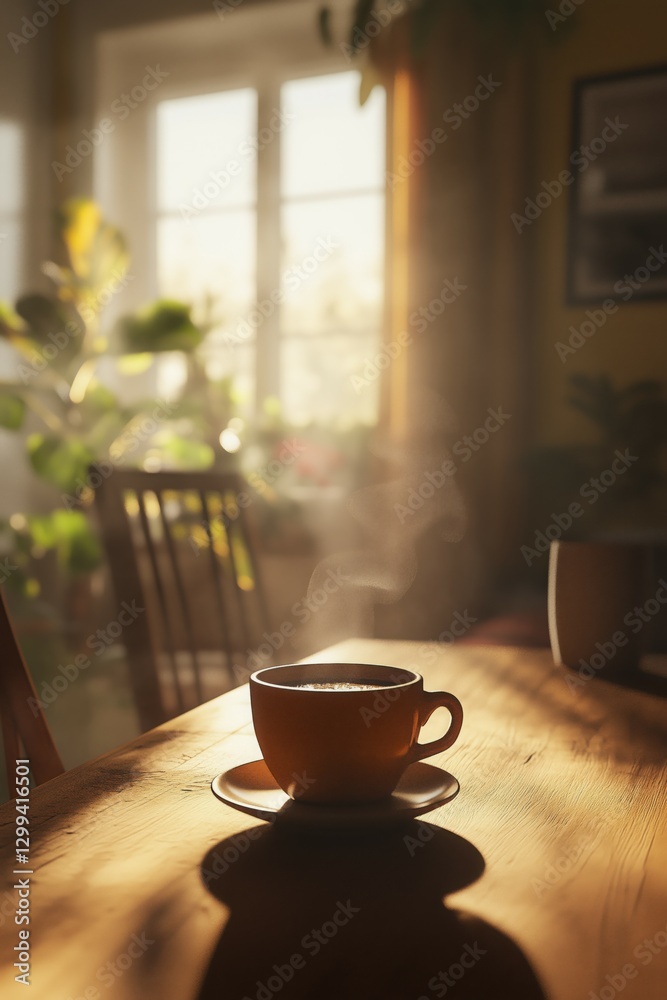 A cup of cappuccino coffee on a table, in beautiful morning light. A cup of cappuccino coffee on a table, in beautiful morning light.