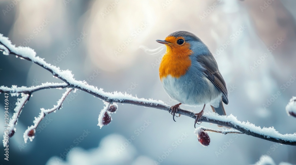 Robin Perched on Snowy Branch in Winter Forest Robin Perched on Snowy Branch in Winter Forest