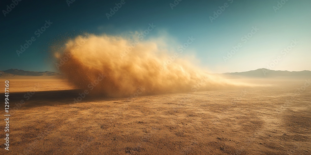 Fototapeta premium Desert dust cloud, vehicle driving, mountains background, adventure