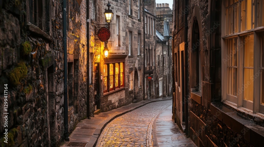 Obraz premium Cobblestone alleyway at twilight, illuminated by warm lamplight.
