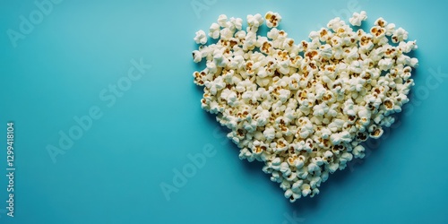 Popcorn arranged in a heart shape on a vibrant blue background creates a playful and romantic snack presentation