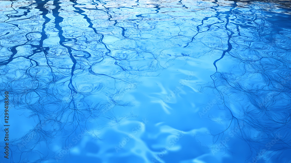 Naklejka premium Calm blue pool water reflecting trees, peaceful atmosphere, blue reflection. Reflection - Lake. Illustration