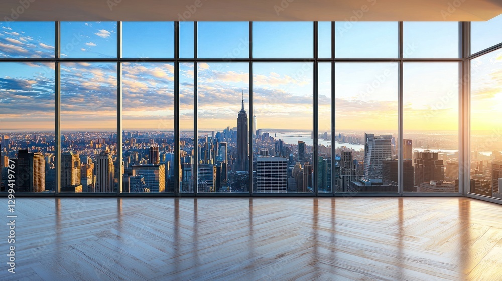 Fototapeta premium Empty modern office with panoramic city view at sunset.