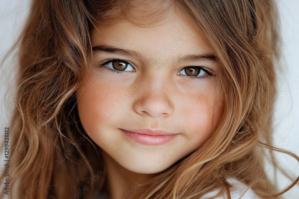 Close-Up Portrait of a Smiling Young Girl with Wavy Hair – Ideal for Childhood, Happiness, and Innocence Concepts Close-Up Portrait of a Smiling Young Girl with Wavy Hair – Ideal for Childhood, Happiness, and Innocence Concepts