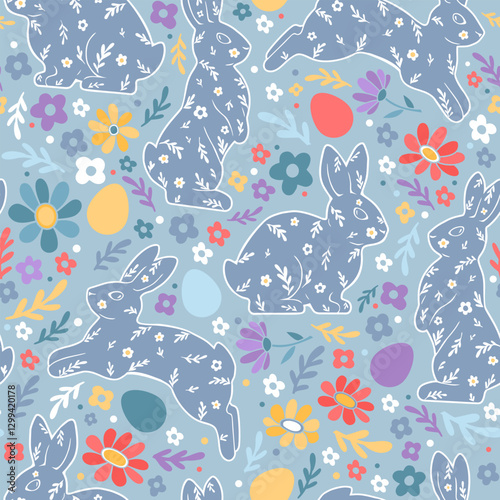 Hand-drawn seamless Easter pattern featuring decorative bunnies with floral elements, colorful flowers, and eggs on a pastel blue background. A festive and cheerful design