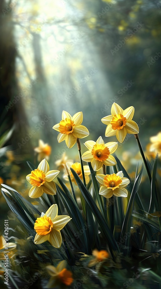 Obraz premium Sunlit Daffodils in a Forest