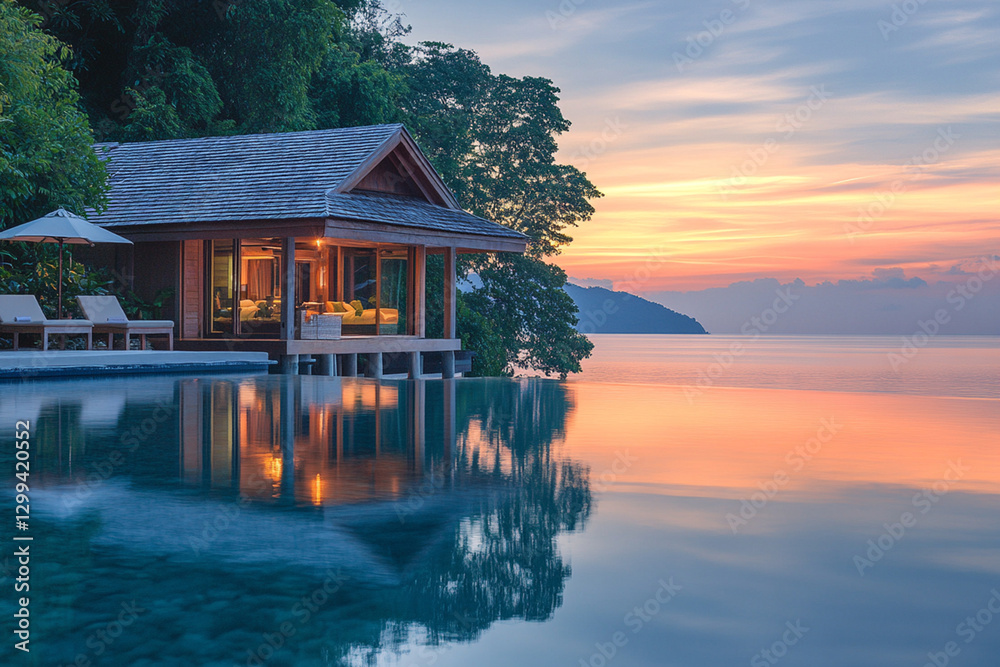 Fototapeta premium Luxury villa by the ocean at sunset with tranquil waters reflecting vibrant colors