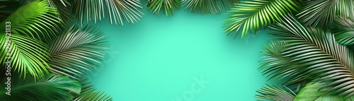 Tropical palm leaves frame teal background. Summer vacation design
