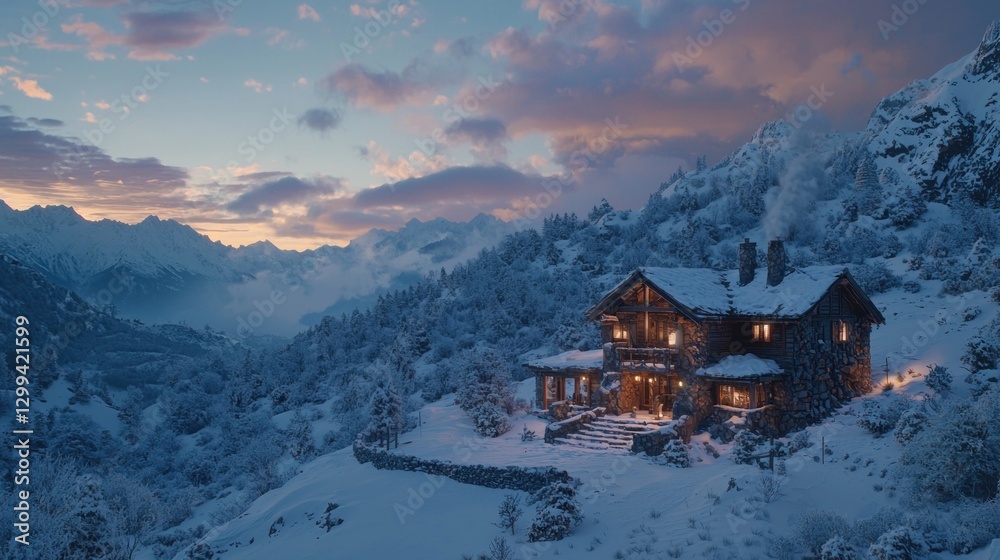 Fototapeta premium Cozy mountain cabin at sunset, snow covered landscape.