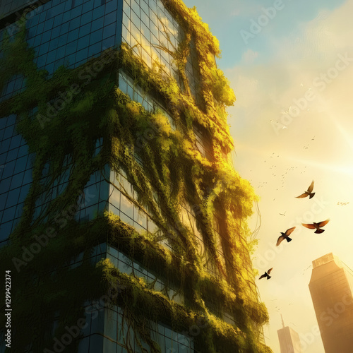 Abandoned modern skyscraper overgrown with vines, blending nature and architecture, symbolizing urban decay and environmental takeover