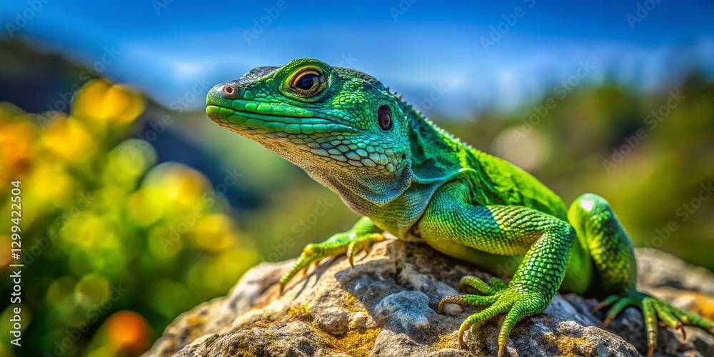 Aerial View of Green Lizard Basking on Rock - Drone Photography Aerial View of Green Lizard Basking on Rock - Drone Photography