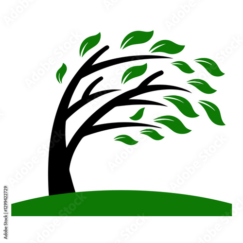 Windblown tree icon with falling leaves on green hill