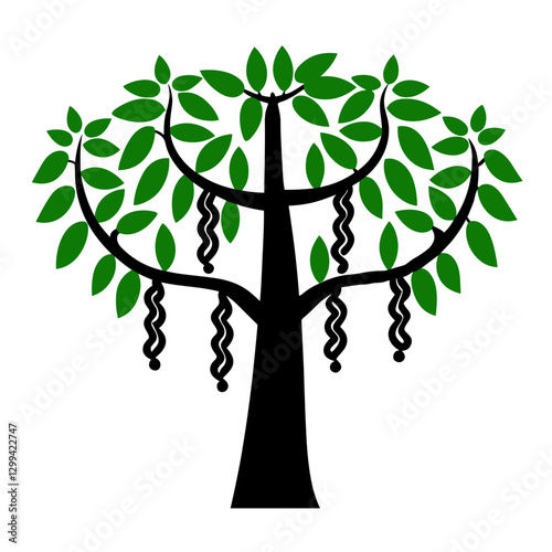 Tropical tree icon with green leaves and hanging vines