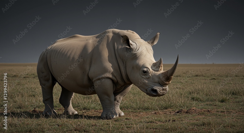 White rhinoceros standing majestically on the savannah, showcasing its unique features and imposing presence, amid a serene grassland landscape with a dramatic dark sky White rhinoceros standing majestically on the savannah, showcasing its unique features and imposing presence, amid a serene grassland landscape with a dramatic dark sky