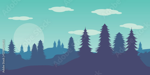 a natural landscape in a minimalist style. Silhouettes of coniferous trees, hills and mountains, as well as the sun or moon. The color scheme is presented in cold blue and dark blue shades