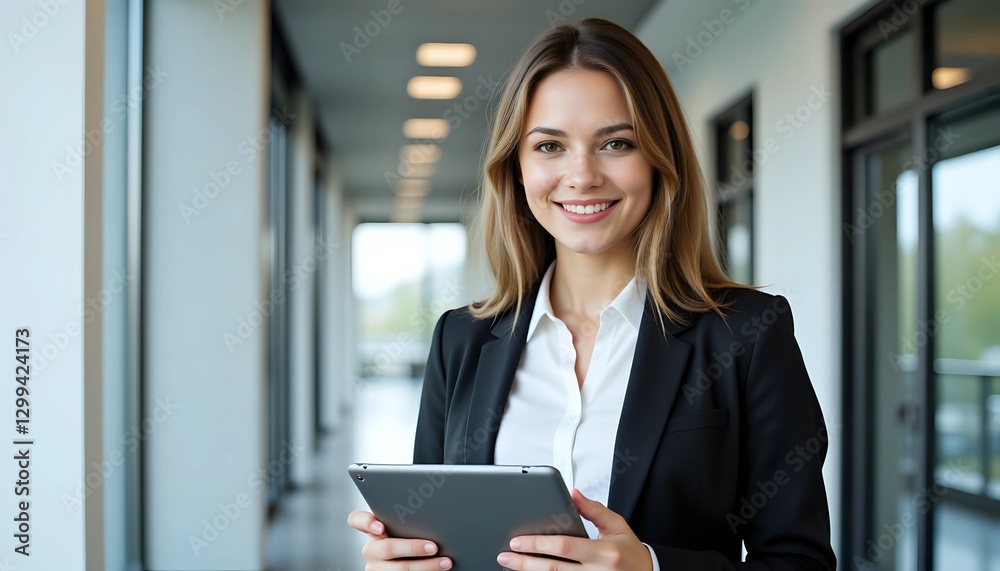 Confident businesswoman holding tablet and smiling in modern office hallway Confident businesswoman holding tablet and smiling in modern office hallway