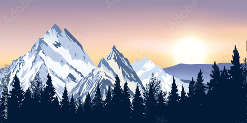 A mountainous landscape with snow-capped peaks, coniferous forest and sunrise or sunset.
