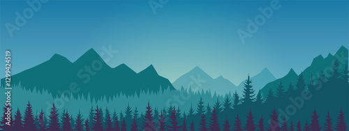 illustration of a mountainous landscape with a dense forest in the foreground. The image was created in a minimalist and atmospheric style