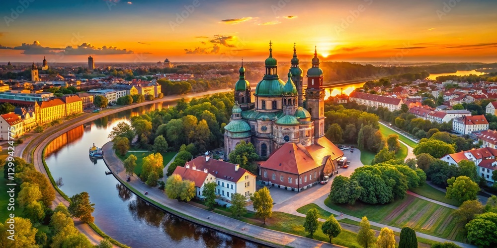 Obraz premium Aerial View of Poznan's Ostrow Tumski Island & Saint Peter and Paul Basilica