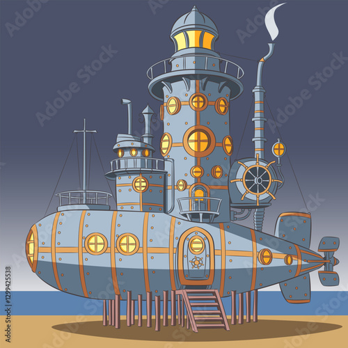 Steampunk house lighthouse in a submarine on the beach