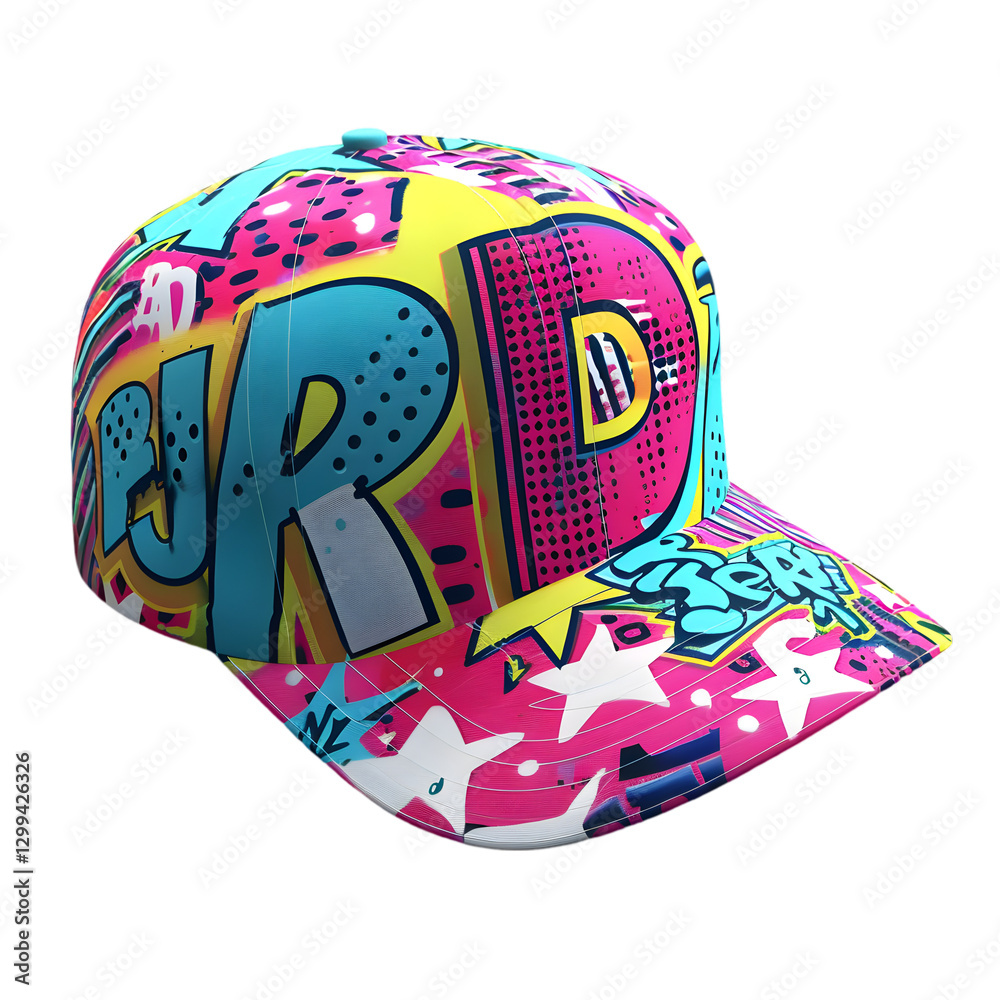 Fototapeta premium Vibrant snapback cap featuring bold graffiti-style designs in bright colors and playful patterns, ideal for fashion enthusiasts and streetwear lovers